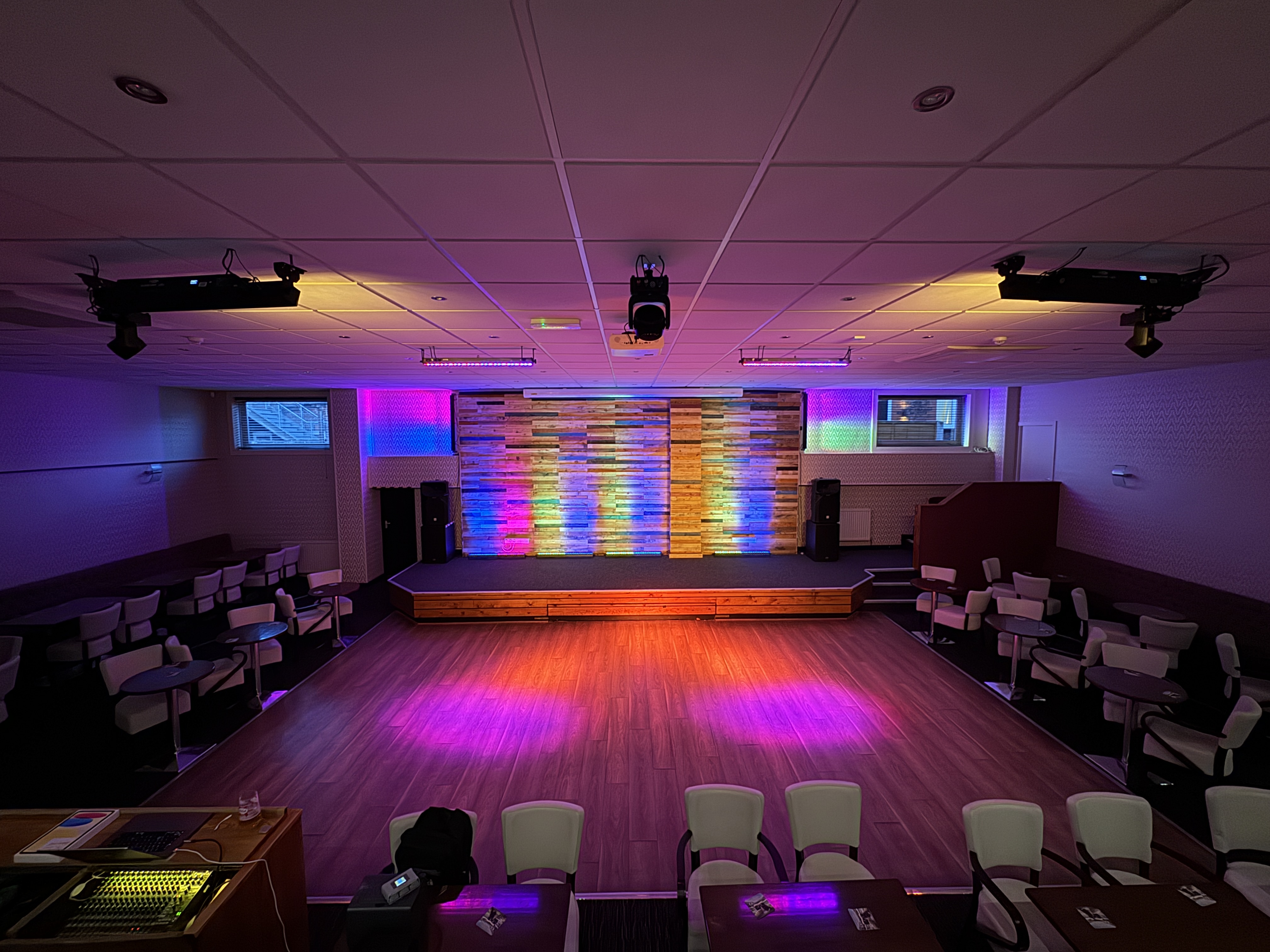 The new intelligent lighting rig at Poynton WMC – moving heads, LED bars and sunstrips controlled by ShowControl