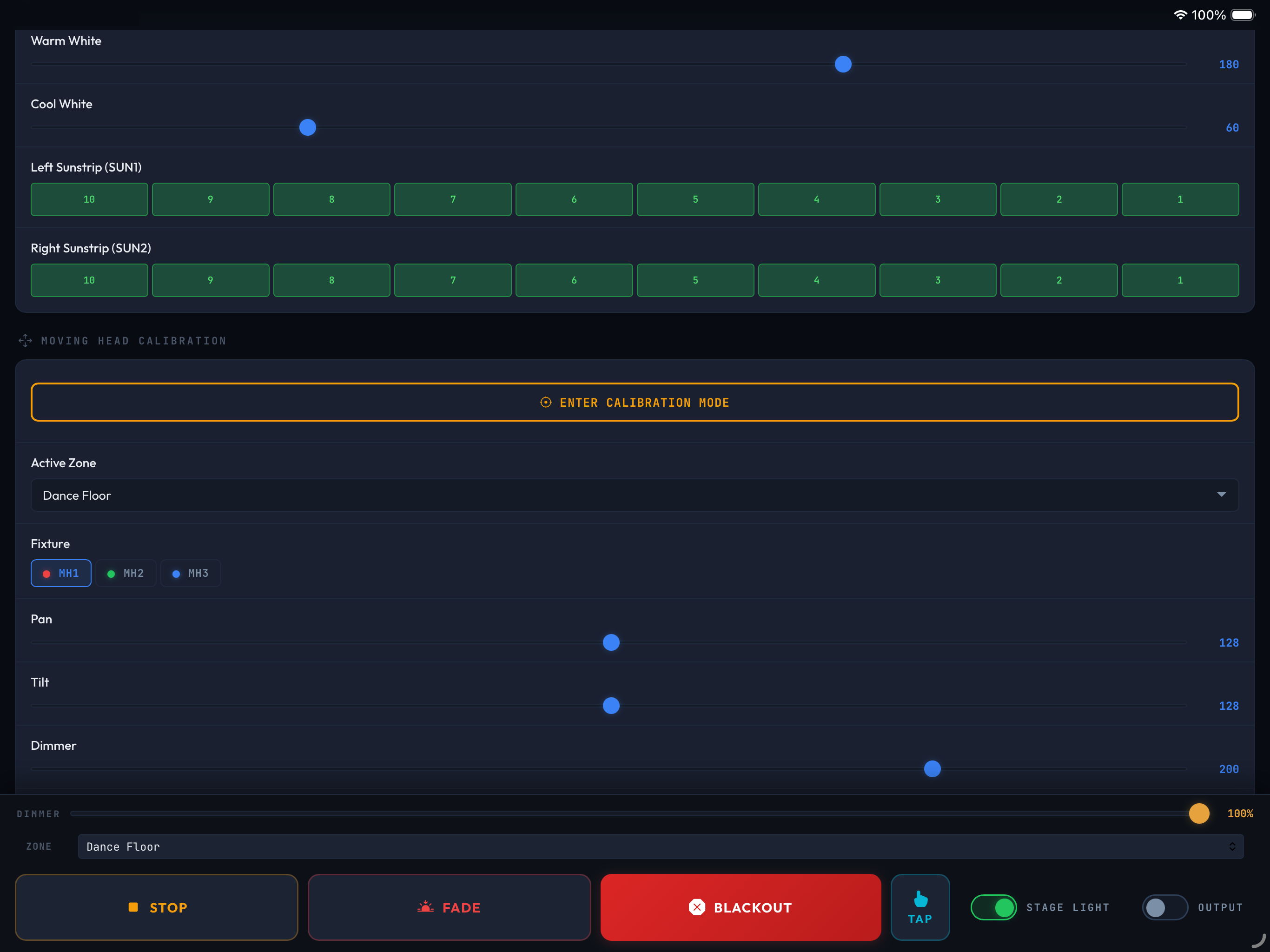ShowControl Config tab – moving head calibration, sunstrip lock settings, zone management, and system status