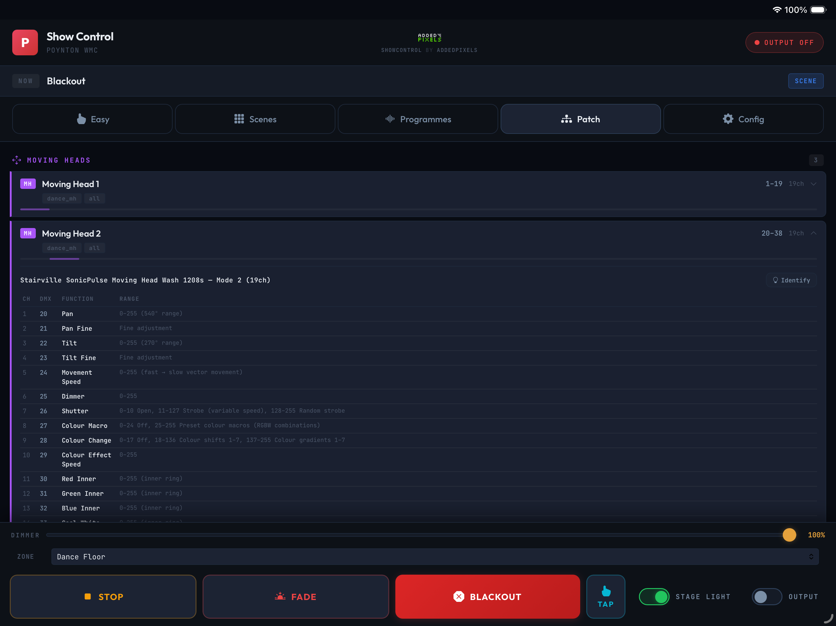 ShowControl Patch tab – complete fixture reference with DMX channel addresses, function descriptions, and value ranges for visiting lighting engineers
