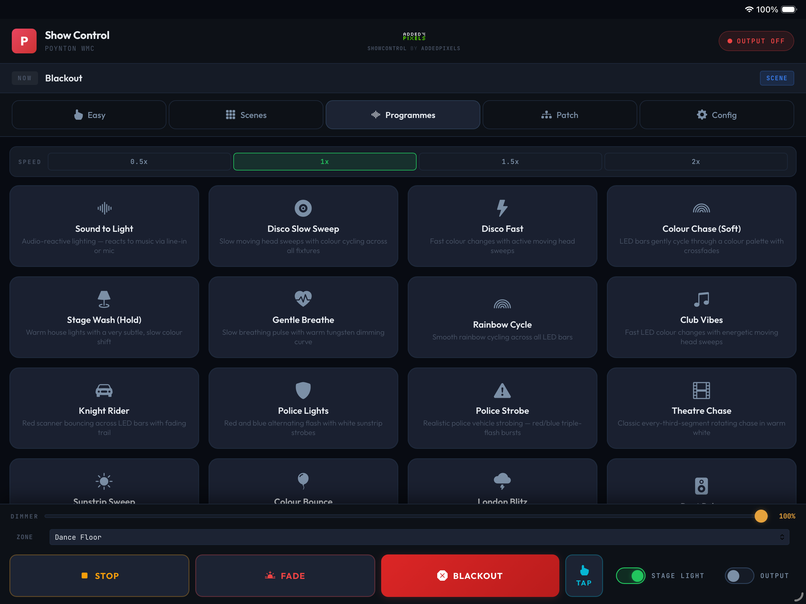 ShowControl Programmes tab – animated lighting effects with speed control, including disco sweeps, sound-to-light, and themed effects