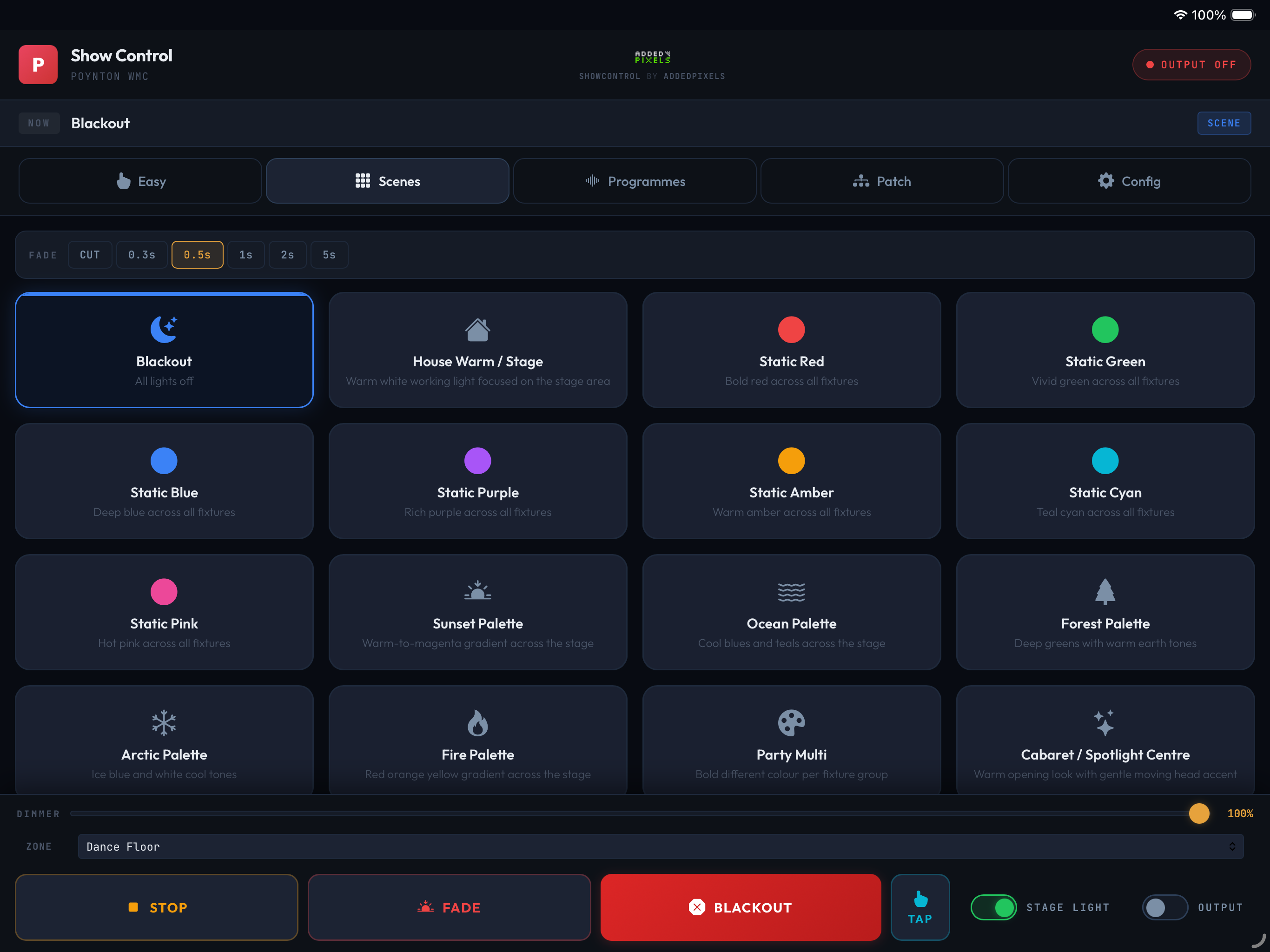 ShowControl Scenes tab – grid of static lighting looks including colour washes, themed palettes, and house lights with crossfade controls