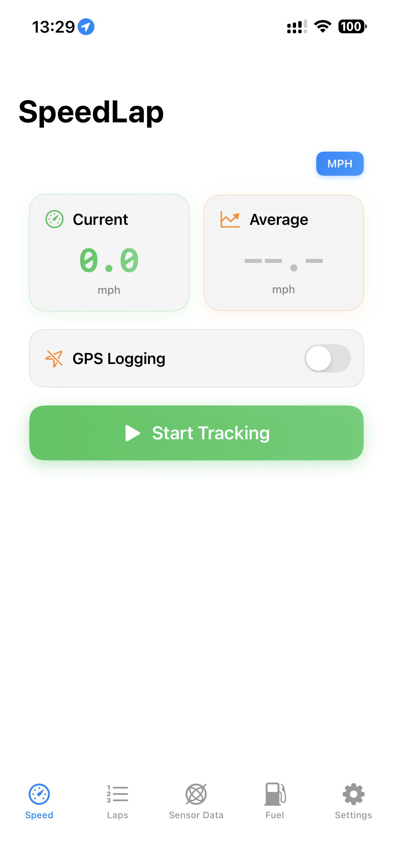SpeedLap home screen on iPhone